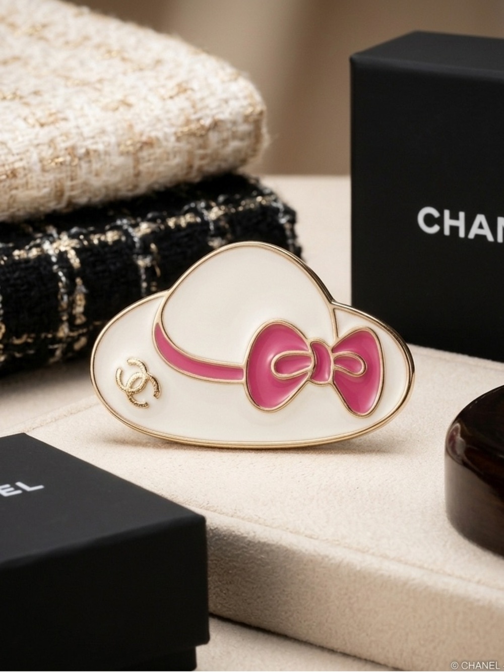 ChaneI White Enamel Hat Charm with Pink Bow